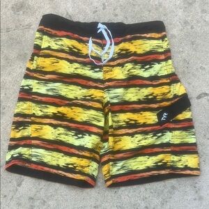 TYR Men's Yellow Orange Black Stripe Design Lined Swim Trunks Size XL
